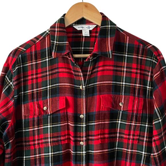 Old Navy Womens Shirt Flannel Tartan Plaid Button Down Red Cabincore Medium - Picture 2 of 7